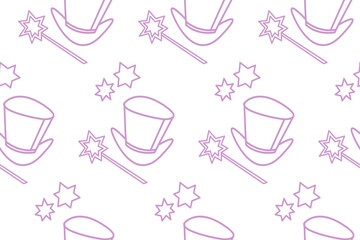 Seamless pattern with Icon, symbol of a magician, wizard or conjurer. Top hat, shiny magic wand. Vector background and texture. Party poster, advertising, banner, placard design template