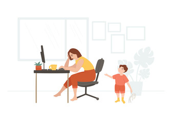 Tired woman working from home. Little son require attention from mother. Unhappy family. Freelance and remote job concept. Character design. Vector illustration on white background. 