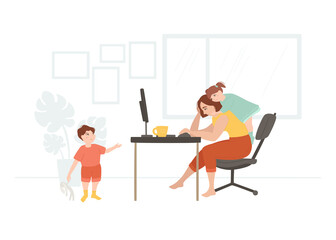 Tired woman working from home. Little son and daughter require attention from mother. Unhappy family. Freelance and remote job concept. Character design. Vector illustration on white background. 