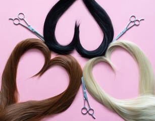 The hairline is in the shape of a heart, сare for different types of hair and hair color: blond, red, brown, dark, straight and curly hair. Concept of a beauty salon. Tools for hair care.