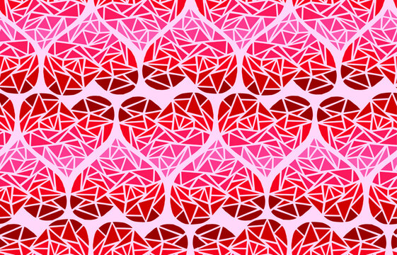 heart mosaic seamless pattern, repeated love elements, color gradient, triangles, triangular geometric wallpaper, pink and red background, vector illustration
