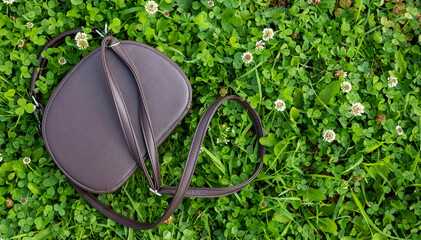 A woman's brown purse lies on a green background of clover leaves . Space for your text