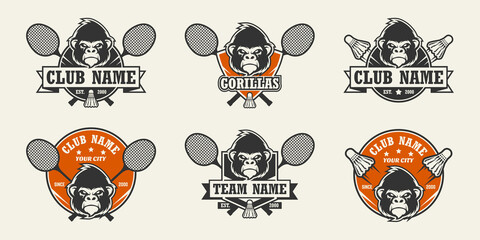 Gorilla head sport logo. Set of badminton emblems, badges, logos and labels. Design element for company logo, label, emblem, apparel or other merchandise. Scalable and editable Vector illustration.