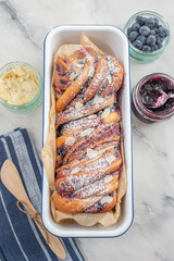 sweet home made blueberry brioche babka on a table