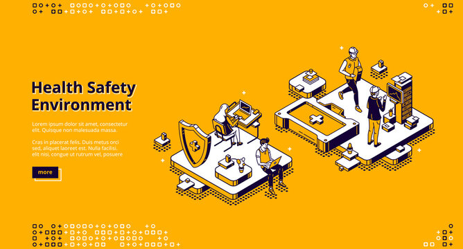 Hse, health safety environment isometric landing page. Business people characters working in office. Healthcare environmental protection and safe work conditions concept, 3d vector line art web banner