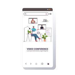 businesswoman chatting with mix race colleagues during video call busines people having online conference meeting communication concept smartphone screen copy space full length vector illustration