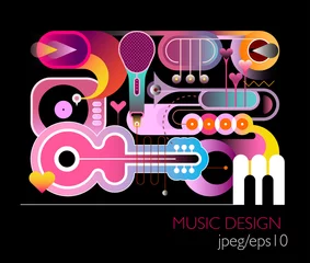 Gordijnen Music design vector illustration. Gradient effect colored composition of different musical instruments isolated on a black background. ©  danjazzia