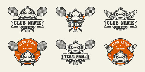 Duck head sport logo. Set of badminton emblems, badges, logos and labels. Design element for company logo, label, emblem, apparel or other merchandise. Scalable and editable Vector illustration.