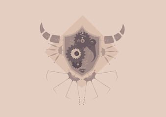 Illustration of octagon robot head in geometric steampunk style. (Purple & Orange)
