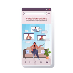 woman chatting with mix race friends during video call people having online conference meeting communication concept smartphone screen mobile app copy space vector illustration