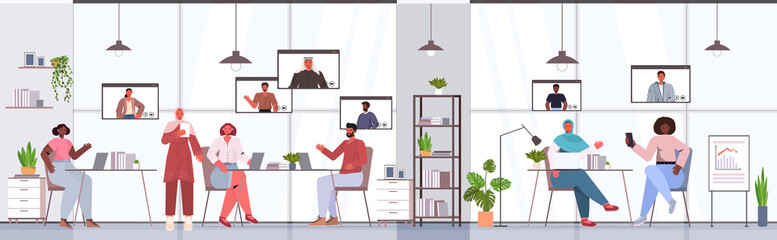 businesspeople chatting with mix race colleagues during video call busines people having online conference meeting communication concept office interior horizontal full length vector illustration