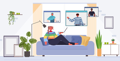 woman chatting with mix race friends during video call people having online conference meeting communication concept living room interior horizontal full length vector illustration