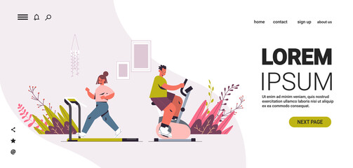 girl running on treadmill man riding stationary bike couple having workout cardio fitness training healthy lifestyle home sport concept horizontal copy space full length vector illustration