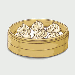 Xiao long bao or steamed dumplings in wooden container