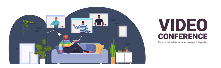 woman chatting with mix race friends during video call people having online conference meeting communication concept living room interior horizontal full length copy space vector illustration