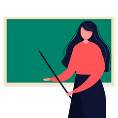 Young female teacher on lesson at blackboard. Teacher with pointer, teacher showing on board. flat. Vector illustration.