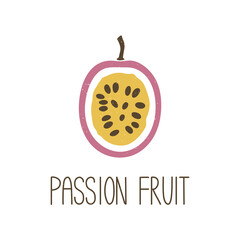 Cute colored caption half passion fruit isolated on transparent background. Colorful pictogram original design. Can be used for infographics, identity or decoration. Vector shabby hand drawn illustrat