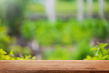 Empty wood table top and blurred green tree and vegetable in agricultural farms. background - can used for display or montage your products.