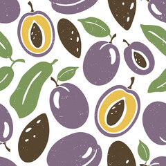 Cute plum seamless pattern. Ripe plum, plum lobules and seeds on white background. Vector shabby hand drawn illustration