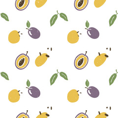 Cute plum seamless pattern. Ripe plum, plum lobules and seeds on white background. Vector shabby hand drawn illustration