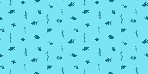 Fish and algae seamless pattern. Vector cartoon undersea kids illustration, endless background with silhouettes of underwater animals