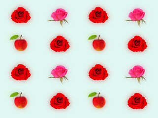 Decorative pattern with red roses, pink roses and red apple 