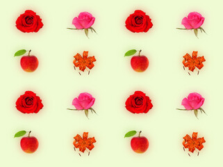 Decorative pattern with red roses, pink roses, orange lily and red apple on light green background