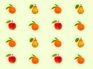 Decorative pattern with fruits, orange tangerines, pears and red apples on light green background