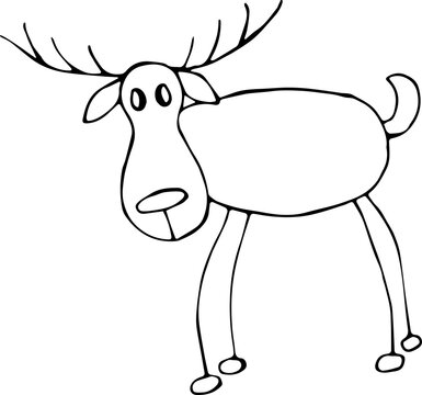 Vector illustration of a deer in the Doodle style. Black outline on an isolated white background. Concept of wildlife, animals, Christmas, new year, nature. Can be used for fabric, textile, Wallpaper