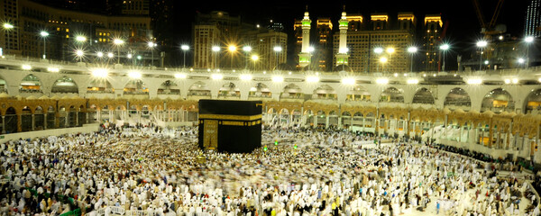 MECCA, SAUDI ARABIA, 13 April 2017 - Muslim pilgrims from all over the world gathered to perform Umrah or Hajj at the Haram Mosque.Pilgrims perform the Tawaf around the Kaaba of 7 rounds.