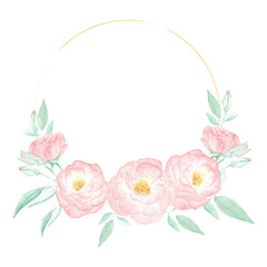 watercolor wild pink rose wreath frame with round golden frame 