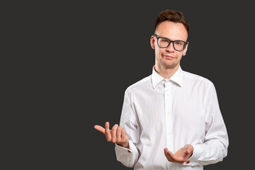 Skeptic man portrait. Oh come on. Disappointed millennial guy with sarcastic smile isolated showing...
