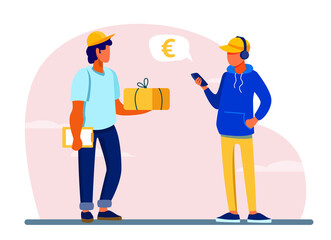 Young man using smartphone app for paying for delivery order. Courier giving parcel to customer flat vector illustration. Mobile payment, service concept for banner, website design or landing web page