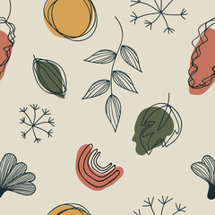 Hand drawn various shapes and doodle leaves. Contemporary seamless pattern design. Trendy textile prints. 