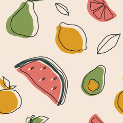 Hand drawn various fruits and doodle objects. Contemporary seamless pattern design. Trendy textile print. 