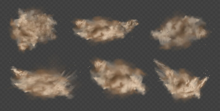 Dust explosion, sandstorm, powder burs on transparent background. Desert wind with cloud of dust and sand. Set of realistic pouder of desert and stone vector illustration.