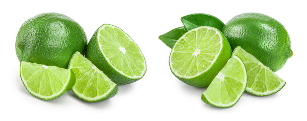 lime with half and leaf isolated on white background. Set or collection