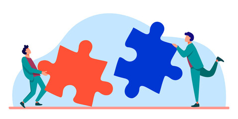 Two people connecting puzzle parts. Colleagues or partners working on solution together flat vector illustration. Teamwork, challenge concept for banner, website design or landing web page