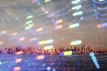 Data theme hologram drawing on city view with skyscrapers background multi exposure. Bigdata...
