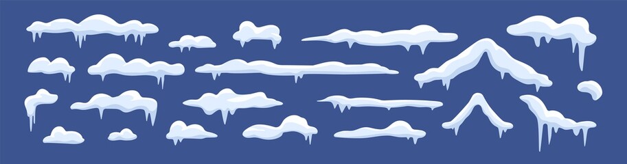 Set of snow caps and snowdrifts different shapes vector illustration. Collection of various snowy winter elements isolated. Frozen cover of roof top surface or peak of building. Snowcap effect © Good Studio