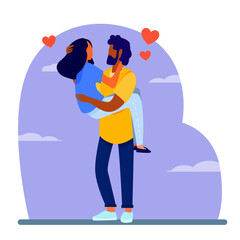 Man holding beloved girlfriend in arms. Interracial dating people flat vector illustration. Love, relationship, multiethnic couple concept for banner, website design or landing web page