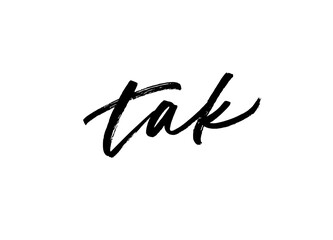 Fototapeta premium Tak ink brush vector lettering. Thank you in Norwegian. Modern phrase handwritten vector calligraphy. Black paint lettering isolated on white background. Postcard, greeting card, t shirt print.