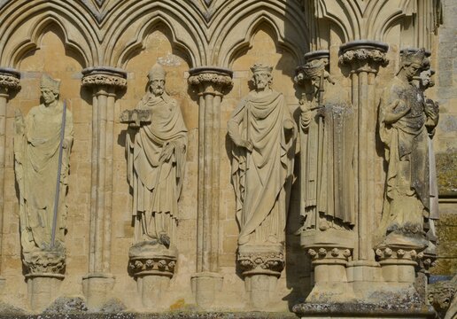 Detail of Anglican bishops on external wall of Salisbury Cathedral in Salisbury, England