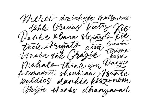 Thank you phrases in many languages. Thank you modern phrases handwritten vector calligraphy. Black ink brush paint lettering collection isolated on white background. Postcard, greeting card.
