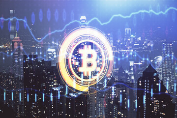 Multi exposure of cryptocurrency theme hologram drawing and city veiw background. Concept of...