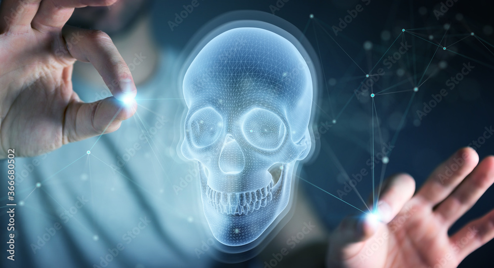 Poster Man using digital x-ray skull holographic scan projection 3D rendering