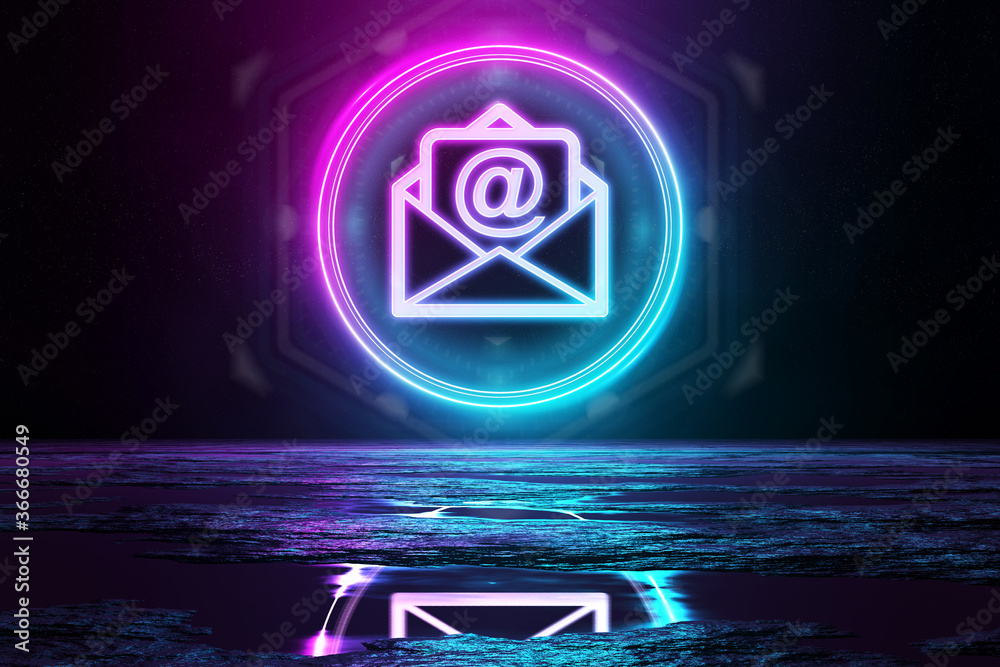 Aufkleber digital email holographic icon illuminating the floor with blue and pink neon light 3d rendering