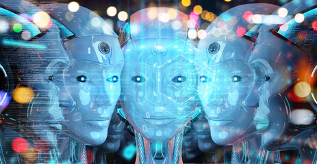 Group of female robots heads using digital hologram screens 3d rendering
