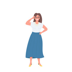 Happy female with glasses flat color vector faceless character
