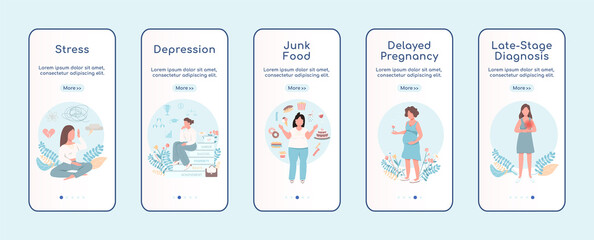 Women problem onboarding mobile app screen flat vector template